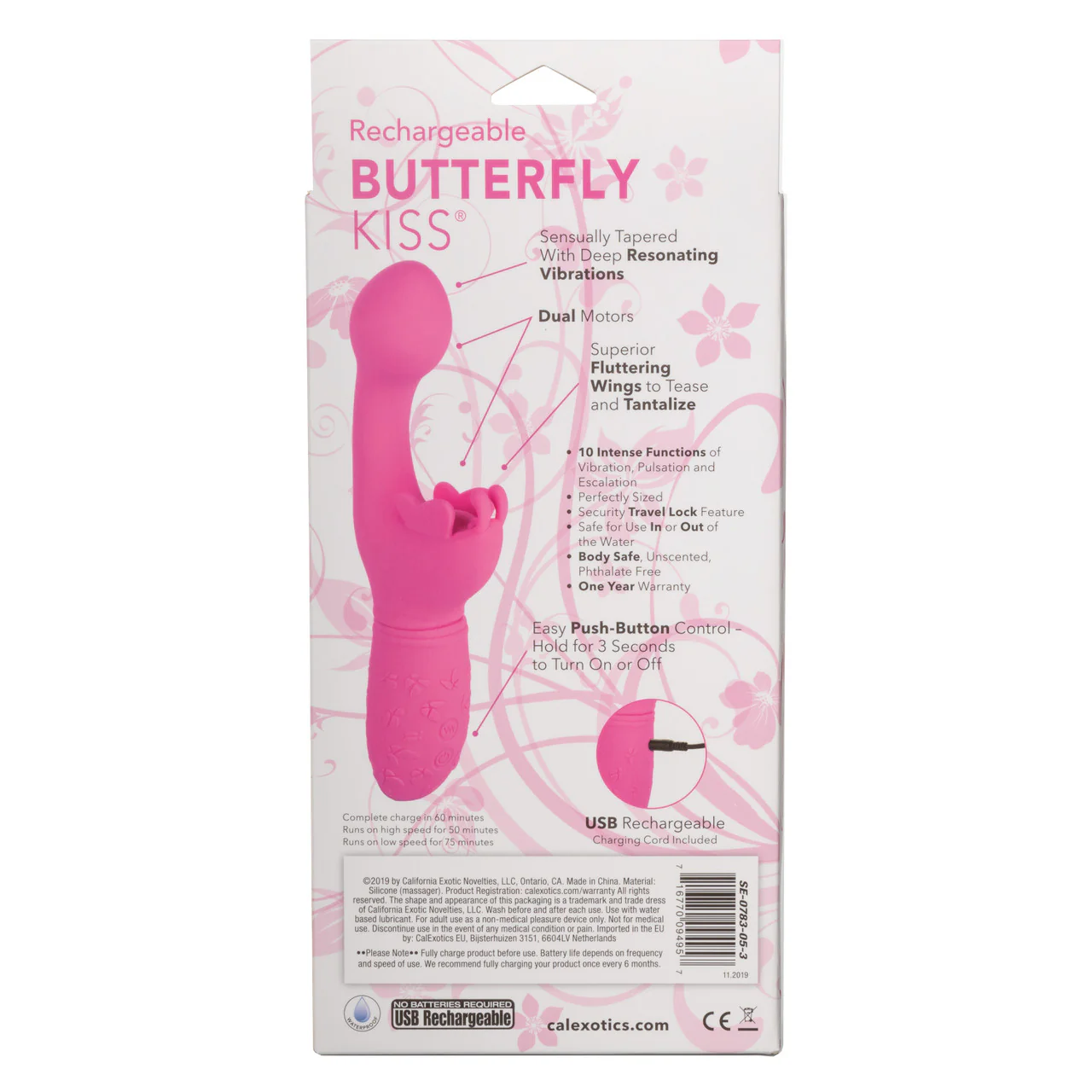 CalExotics BUTTERFLY KISS Rechargeable G Spot Vibrator with Clitoral Fluttering Wings Pink