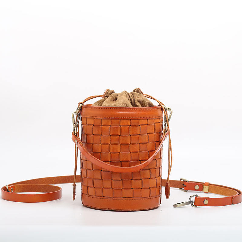Elora Woven Bucket Bag – Cognac Orange