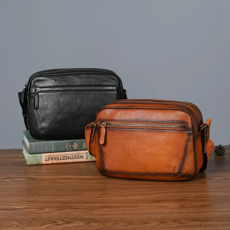Vintage Full-Grain Leather Men's Crossbody Sling Bag