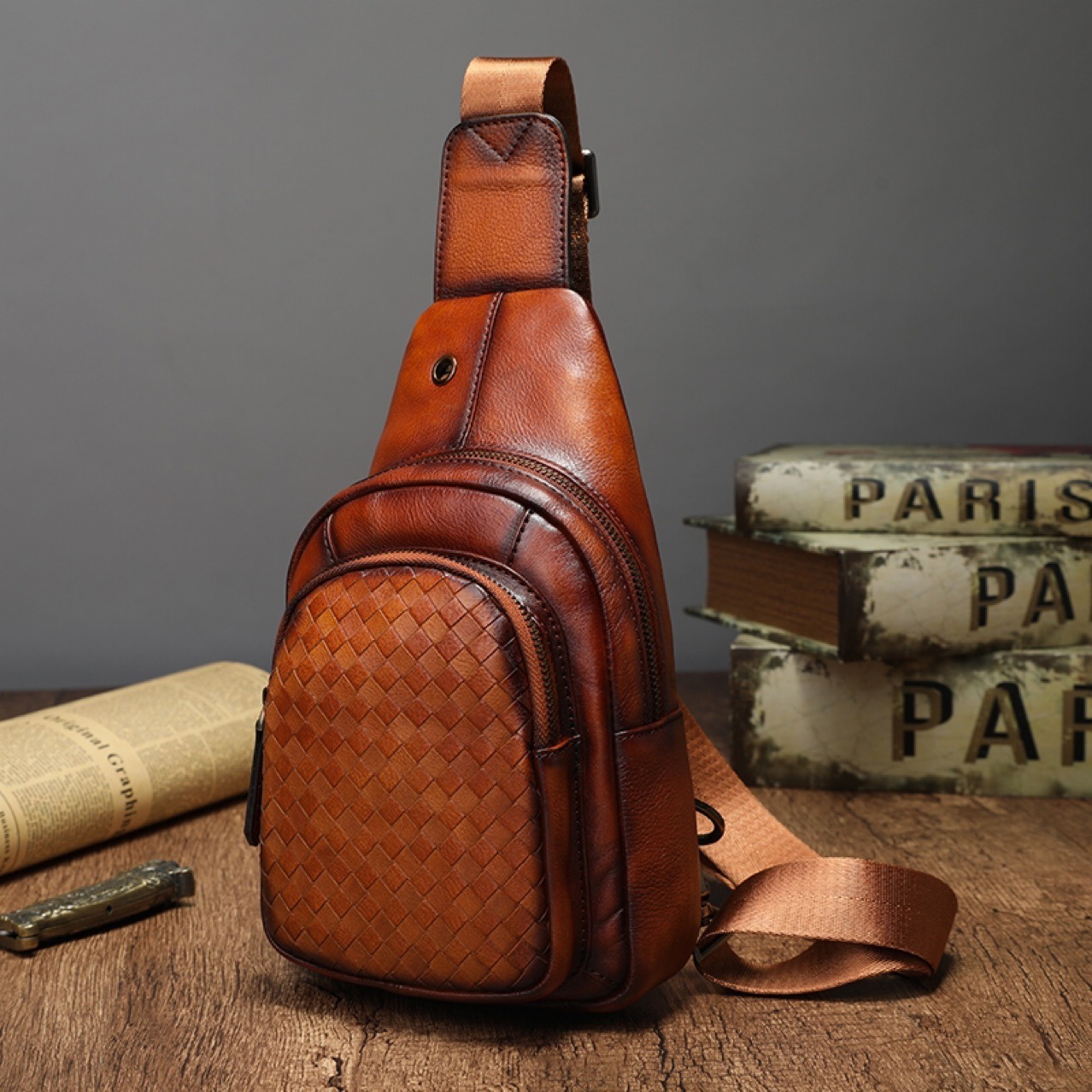 Vintage Woven Leather Crossbody Sling Bag