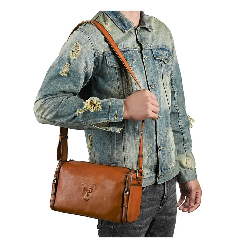 Embossed Deer Head Leather Barrel Crossbody Bag