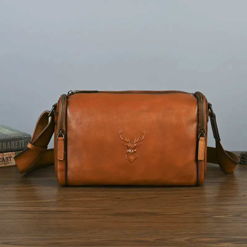 Embossed Deer Head Leather Barrel Crossbody Bag