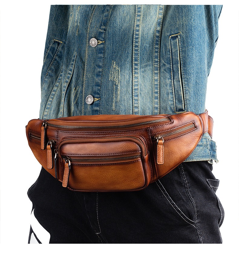 Vintage Full-Grain Leather Multi-Pocket Waist Bag