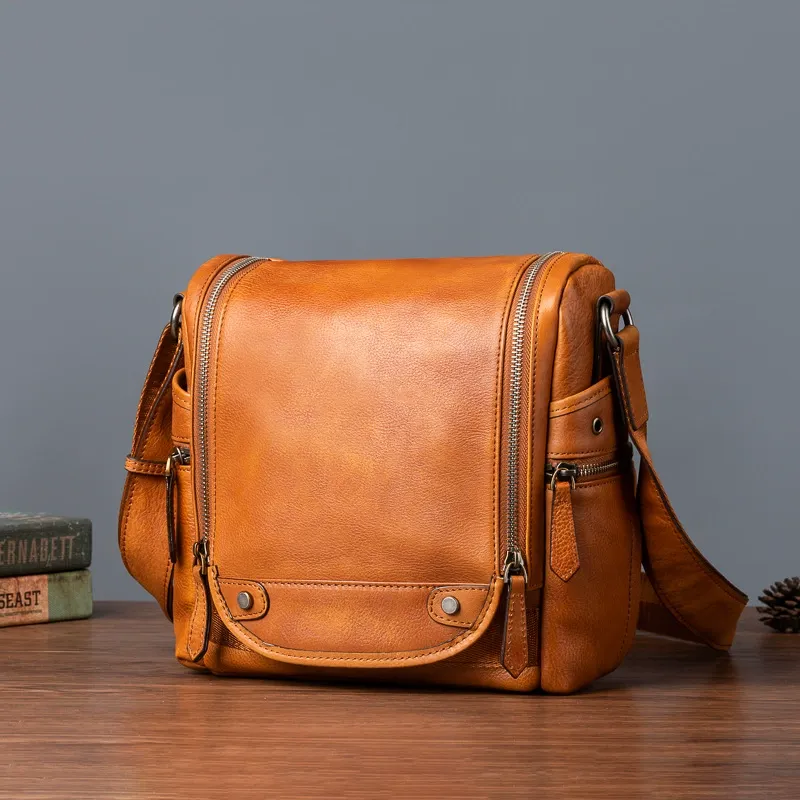 Vintage Full-Grain Leather Square Crossbody Bag