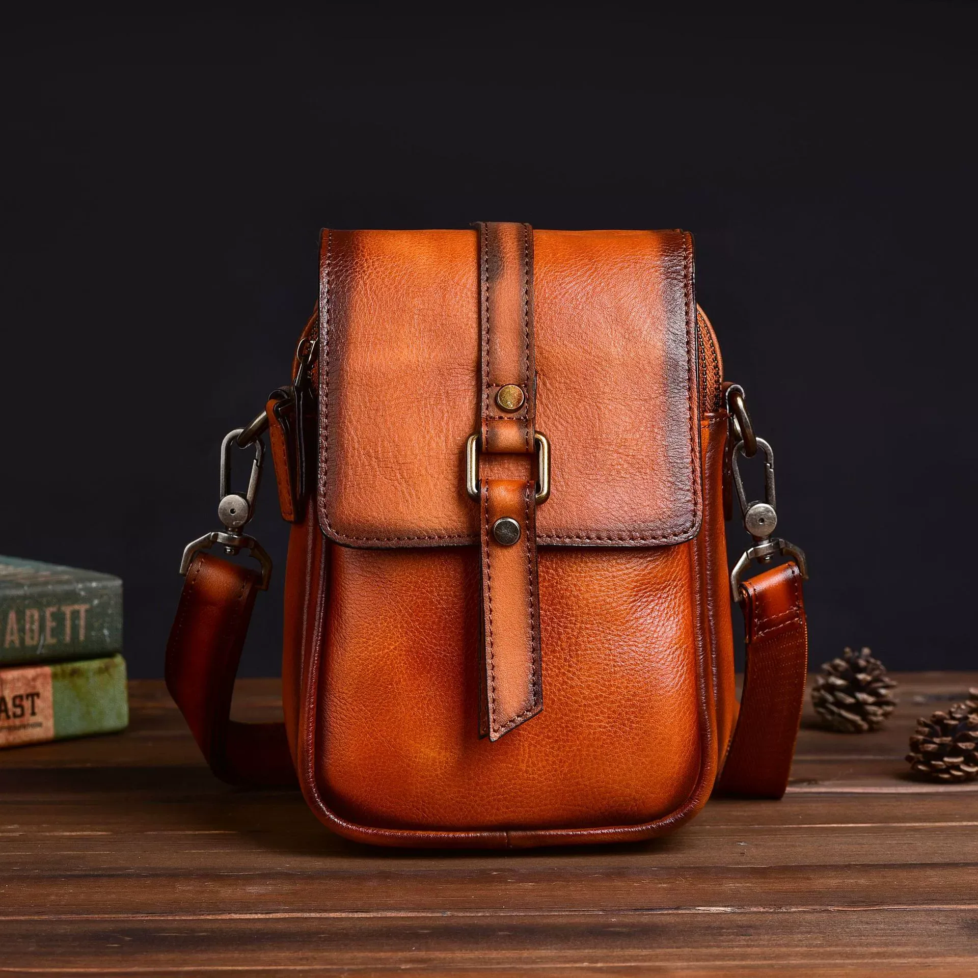 Vintage Leather Vertical Crossbody Bag for Men