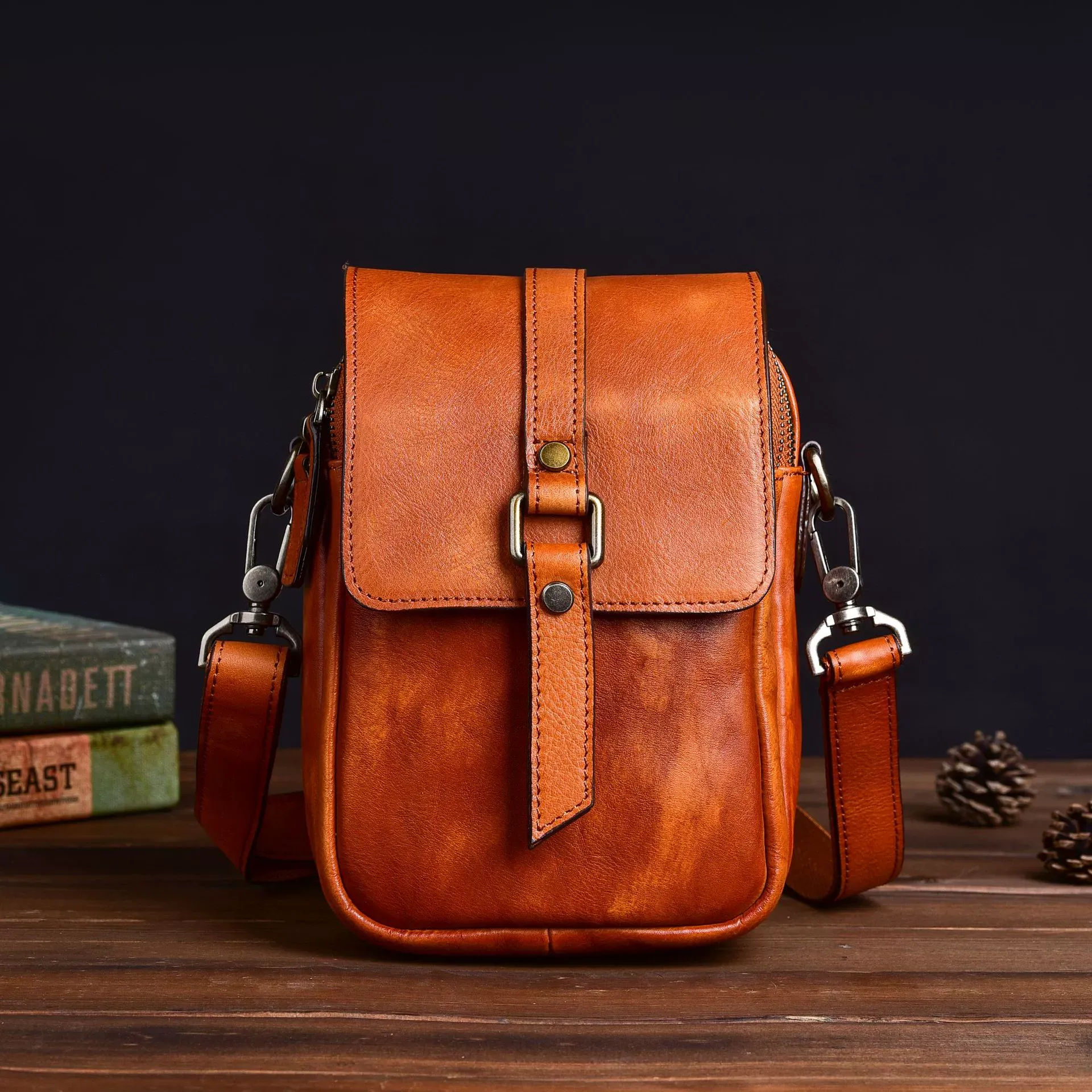 Vintage Leather Vertical Crossbody Bag for Men