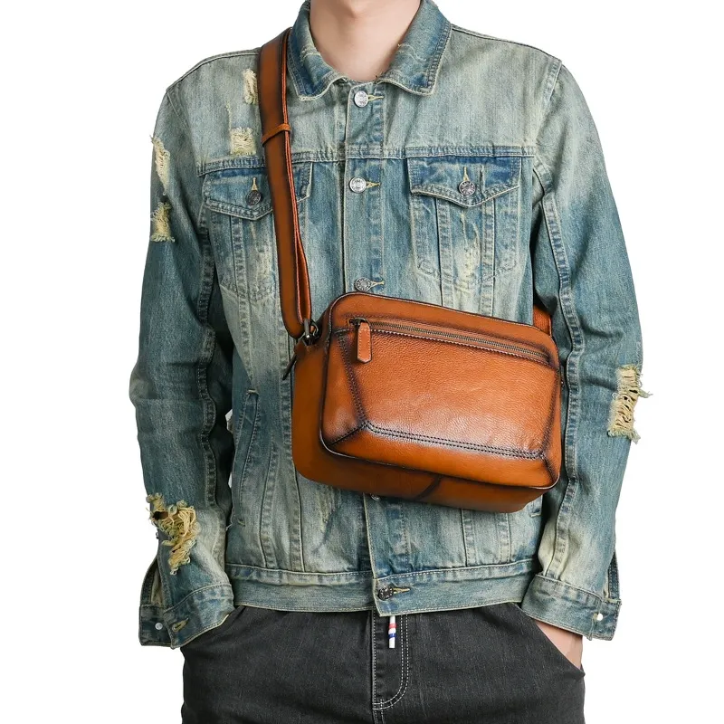 Vintage Full-Grain Leather Men's Crossbody Sling Bag