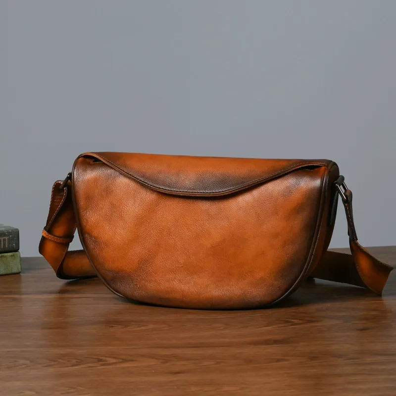 Vintage Full-Grain Leather Half-Moon Crossbody