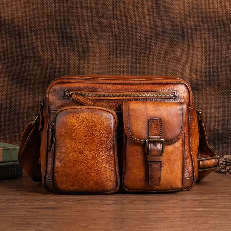 Vintage Multi-Pocket Leather Messenger Bag