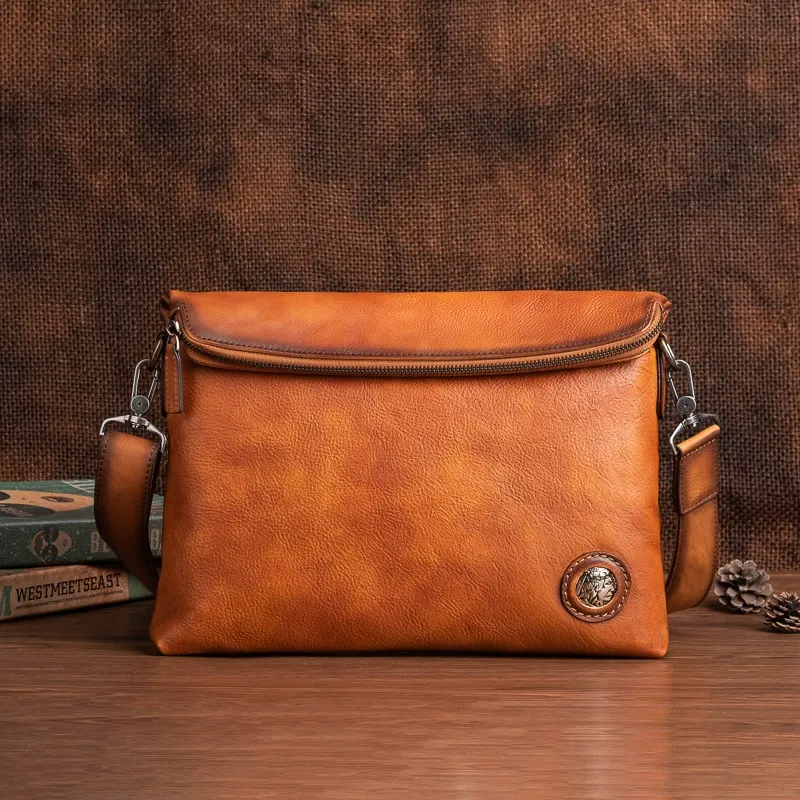 Vintage Leather Crossbody Bag with Metal Badge