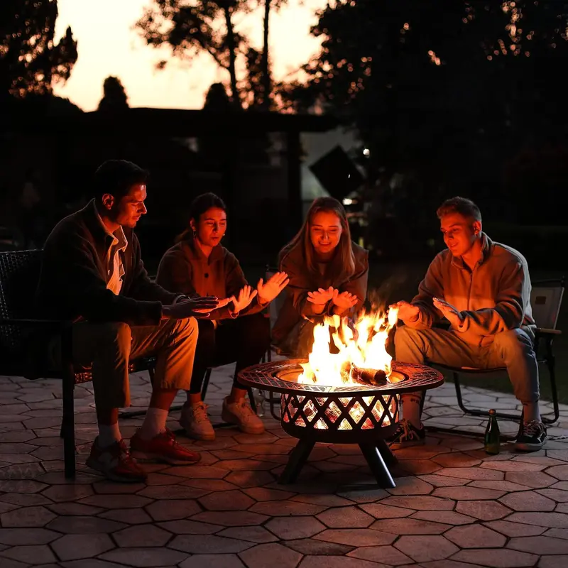 2-in-1 wood fire pit with grill, 360° rotation, suitable for backyard, camping, tailgating