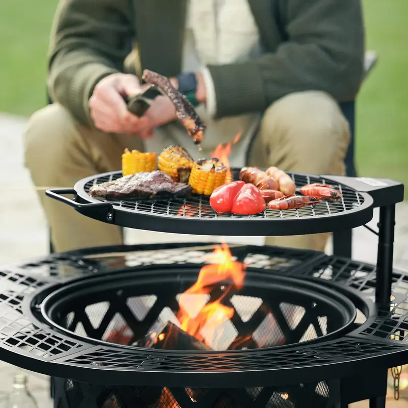 2-in-1 wood fire pit with grill, 360° rotation, suitable for backyard, camping, tailgating