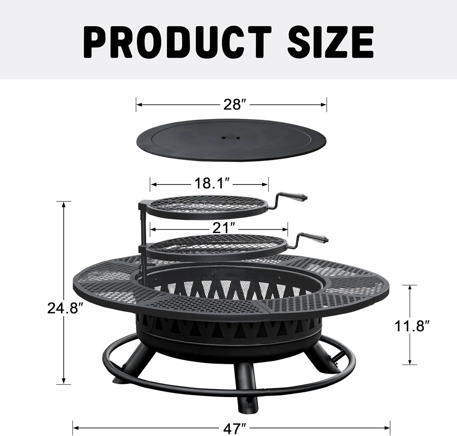 2-in-1 wood fire pit with grill, 360° rotation, suitable for backyard, camping, tailgating