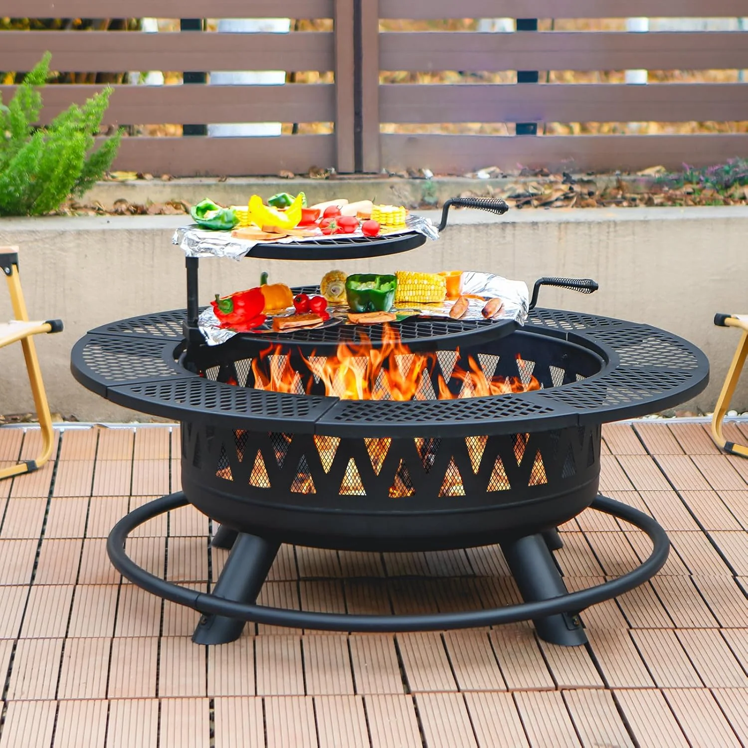 2-in-1 wood fire pit with grill, 360° rotation, suitable for backyard, camping, tailgating