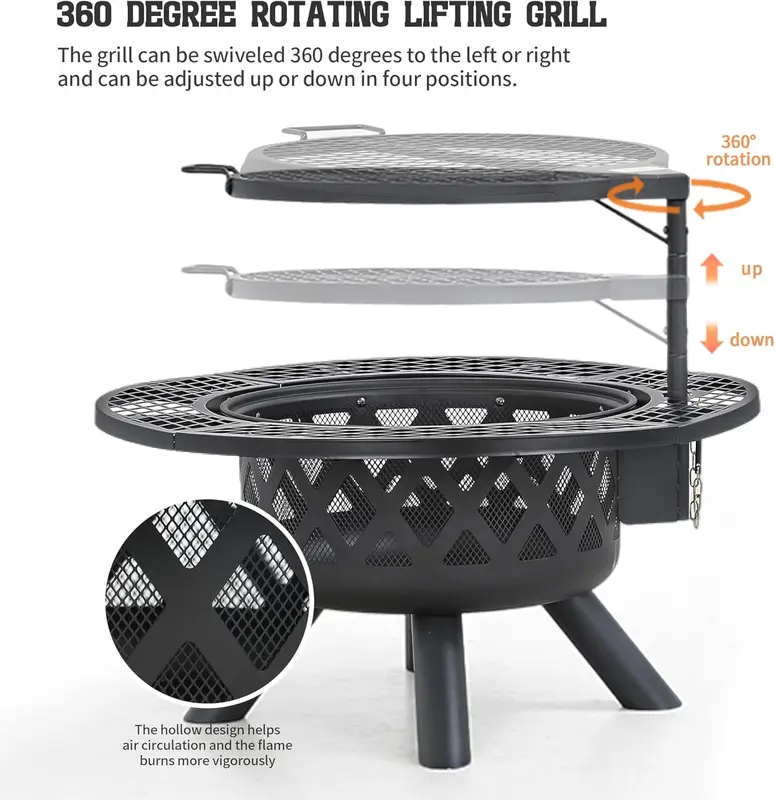 2-in-1 wood fire pit with grill, 360° rotation, suitable for backyard, camping, tailgating