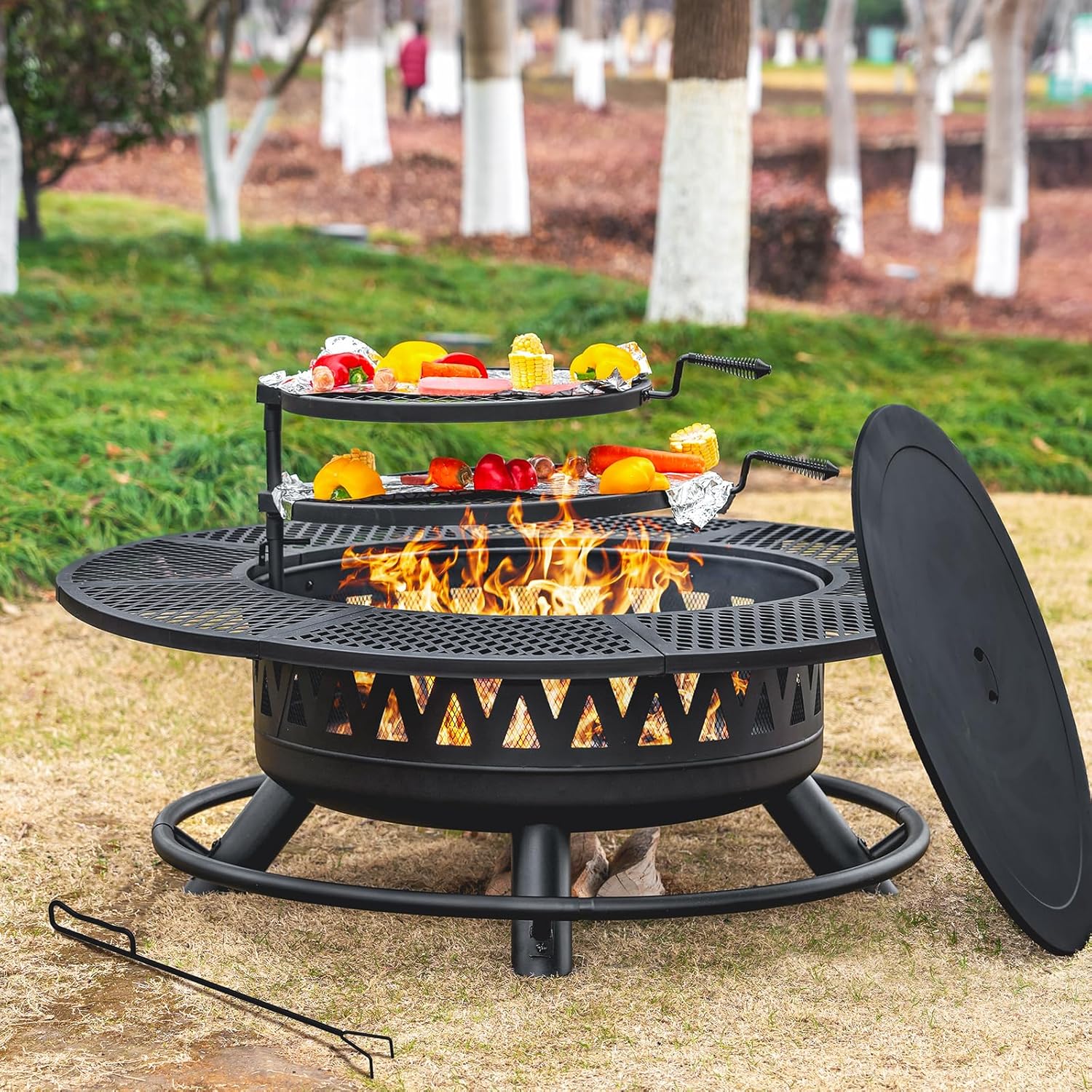 2-in-1 wood fire pit with grill, 360° rotation, suitable for backyard, camping, tailgating
