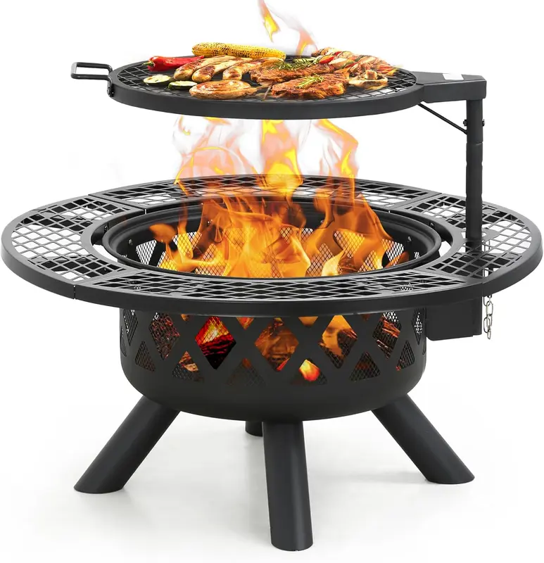 2-in-1 wood fire pit with grill, 360° rotation, suitable for backyard, camping, tailgating