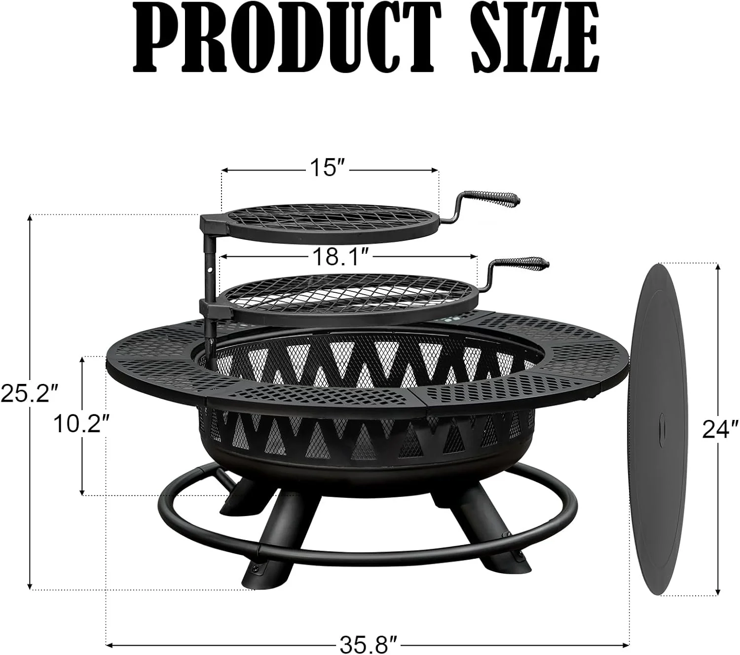 2-in-1 wood fire pit with grill, 360° rotation, suitable for backyard, camping, tailgating