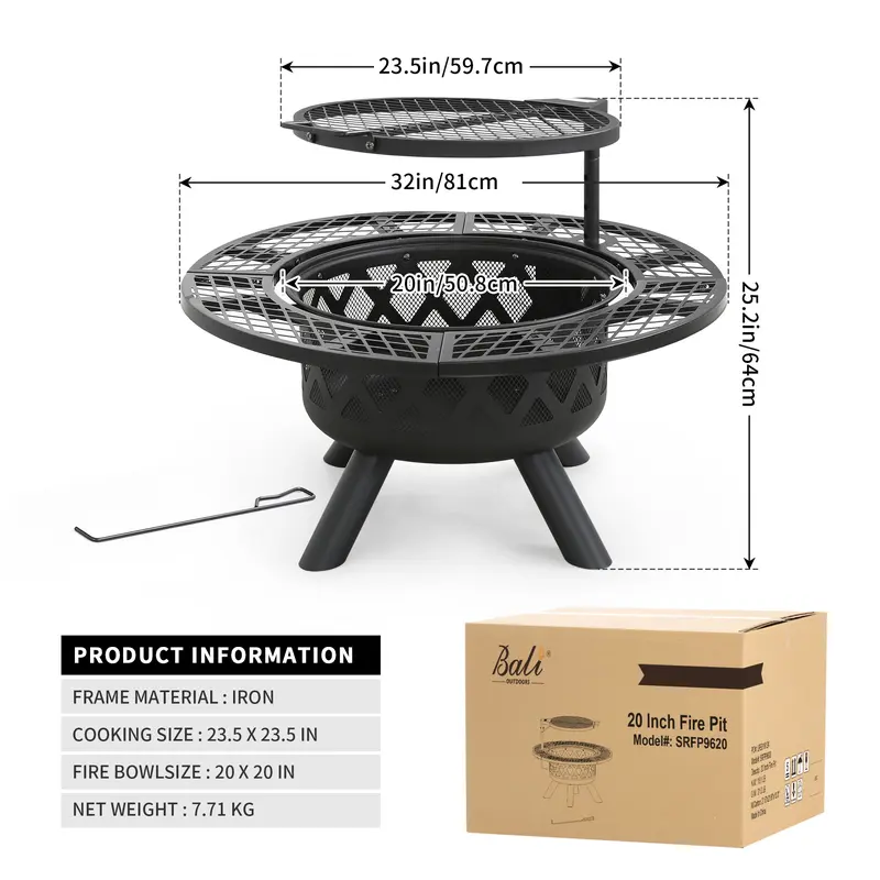 2-in-1 wood fire pit with grill, 360° rotation, suitable for backyard, camping, tailgating