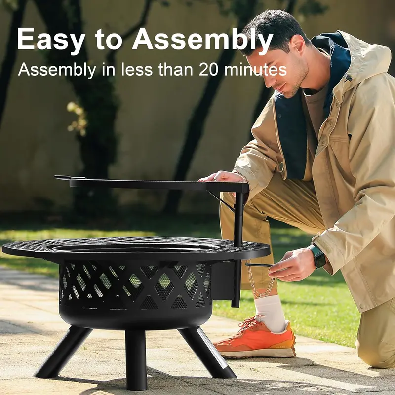 2-in-1 wood fire pit with grill, 360° rotation, suitable for backyard, camping, tailgating