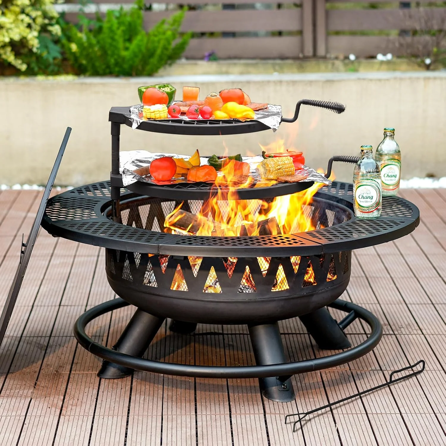 2-in-1 wood fire pit with grill, 360° rotation, suitable for backyard, camping, tailgating