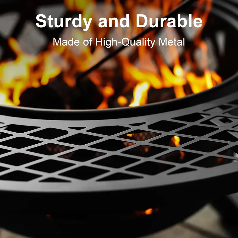 2-in-1 wood fire pit with grill, 360° rotation, suitable for backyard, camping, tailgating