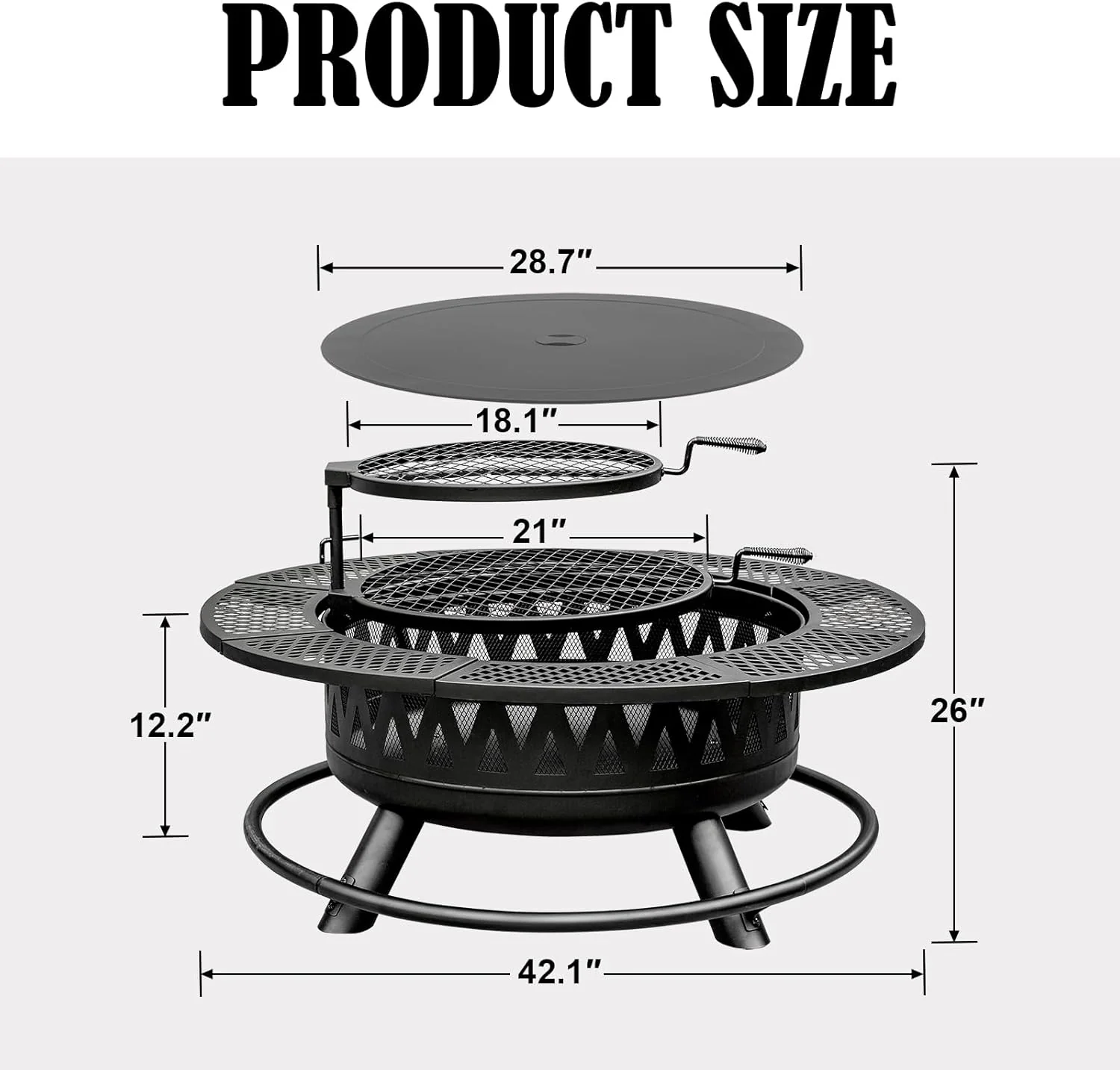 2-in-1 wood fire pit with grill, 360° rotation, suitable for backyard, camping, tailgating