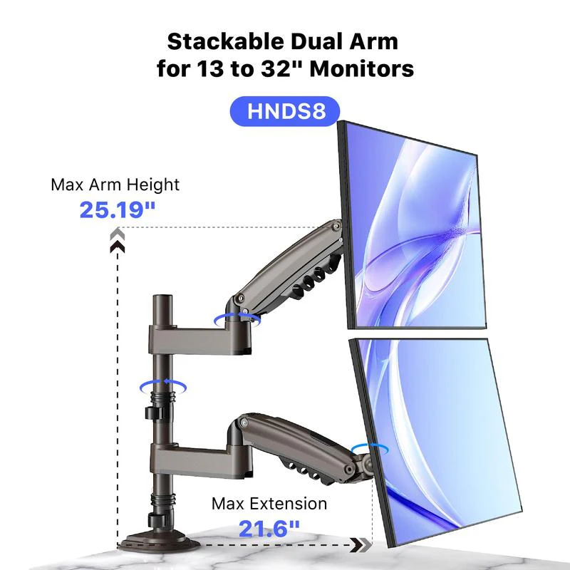 Ez Stackable Dual Monitor Arm for 13''–32'' Screens, Gas Spring Adjustable Mount, Holds up to 19.8 lbs per Arm, C-Clamp & Grommet Base — Also Supports Single Arm up to 34''