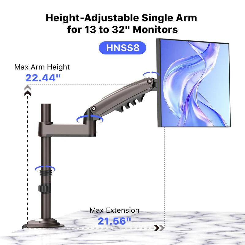 Ez Stackable Dual Monitor Arm for 13''–32'' Screens, Gas Spring Adjustable Mount, Holds up to 19.8 lbs per Arm, C-Clamp & Grommet Base — Also Supports Single Arm up to 34''