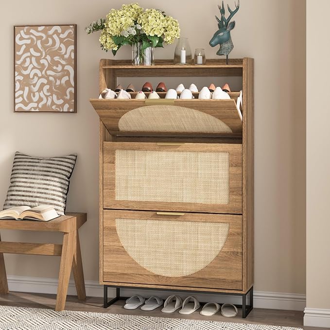 Ez Maupvit Rattan Shoe Storage Cabinet with 3 Flip Drawers, Freestanding Shoe Organizer with Metal Legs for Entryway, Hidden Golden Handles, Narrow Shoe Rack Cabinet, Rustic Oak Rattan