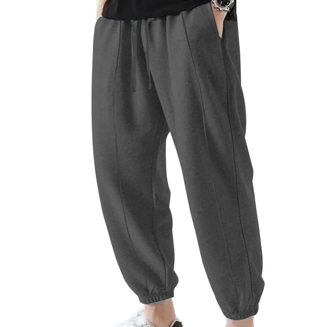 Solid color plus-size men's casual pants, loose lace-up pants