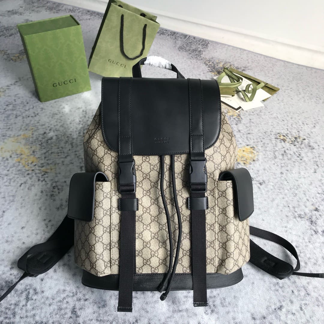 GUCCI Supreme Monogram Double Buckle Backpack Beige Black