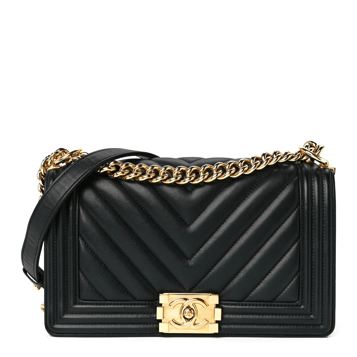 CHANEL Calfskin Chevron Quilted Medium Boy Flap Black