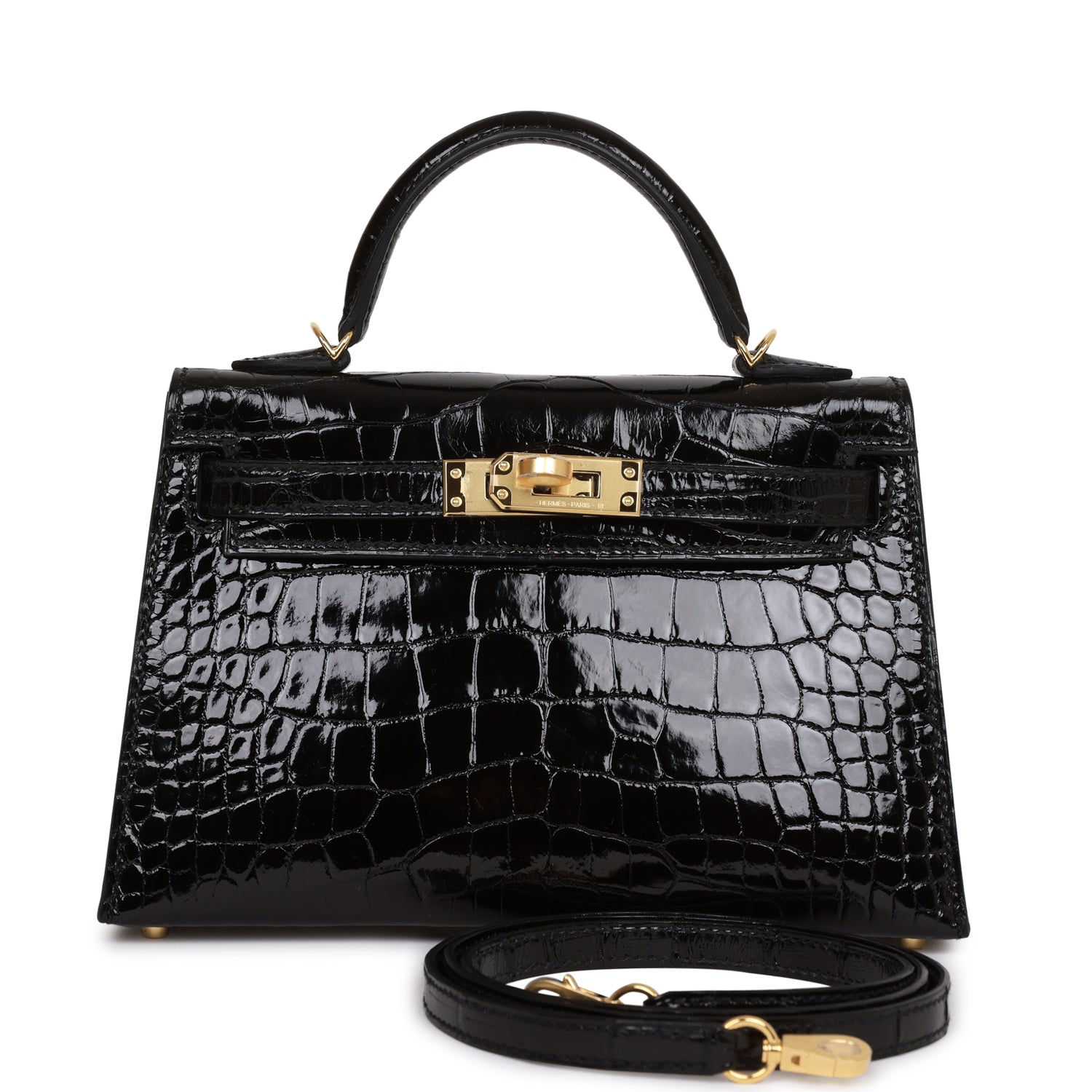HERMES Kelly Sellier 20 Black Shiny Alligator Gold Hardware