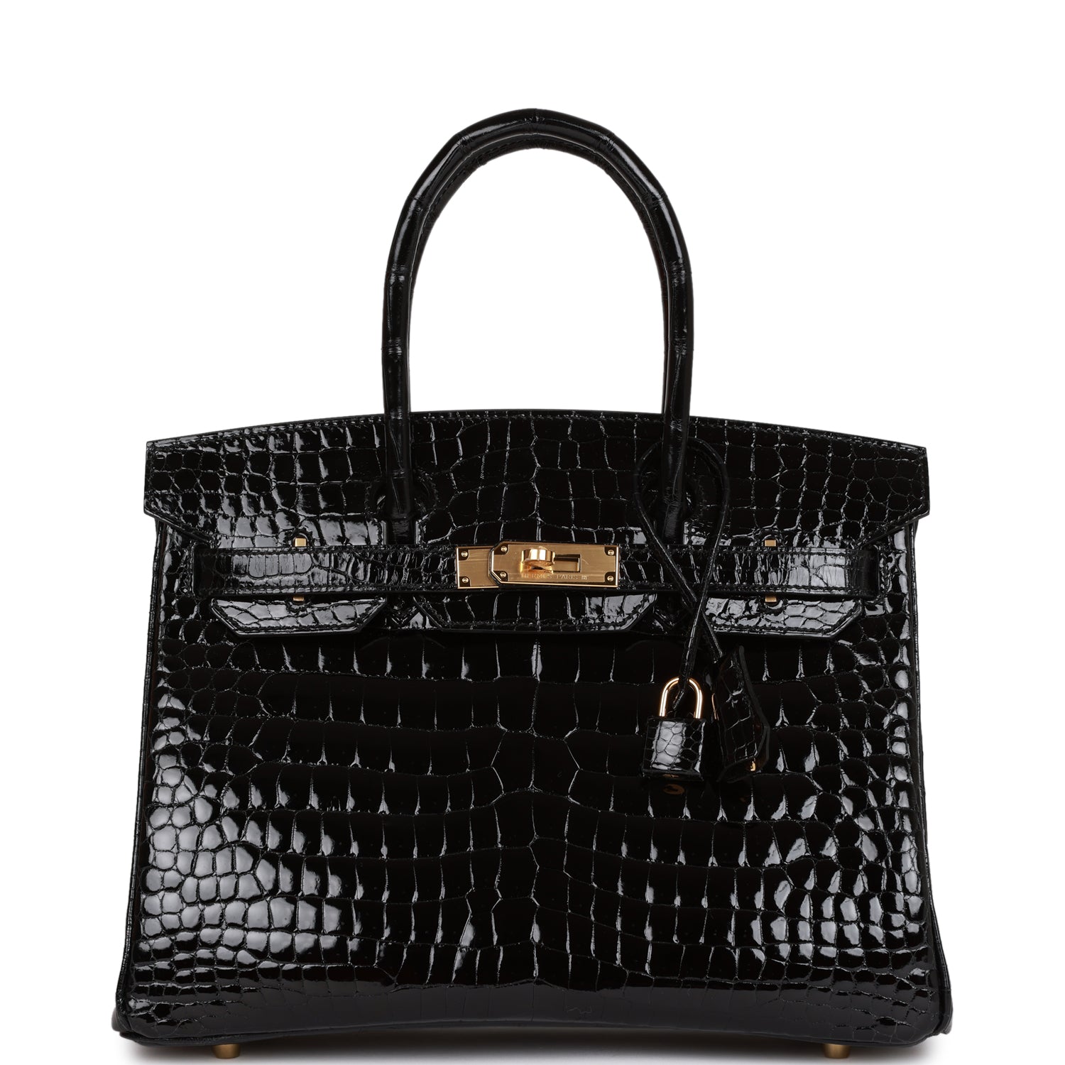 HERMES Birkin 30 Black Shiny Niloticus Crocodile Gold Hardware