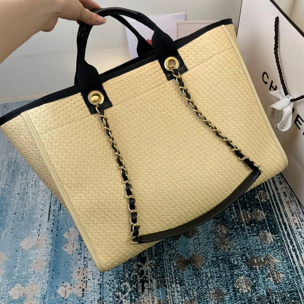 CHANEL Deauville Tote Woven Chain Leather Logo 21S
