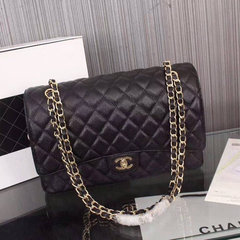 CHANEL Classic Maxi Handbag GRAINED CALFSKIN & GOLD METAL