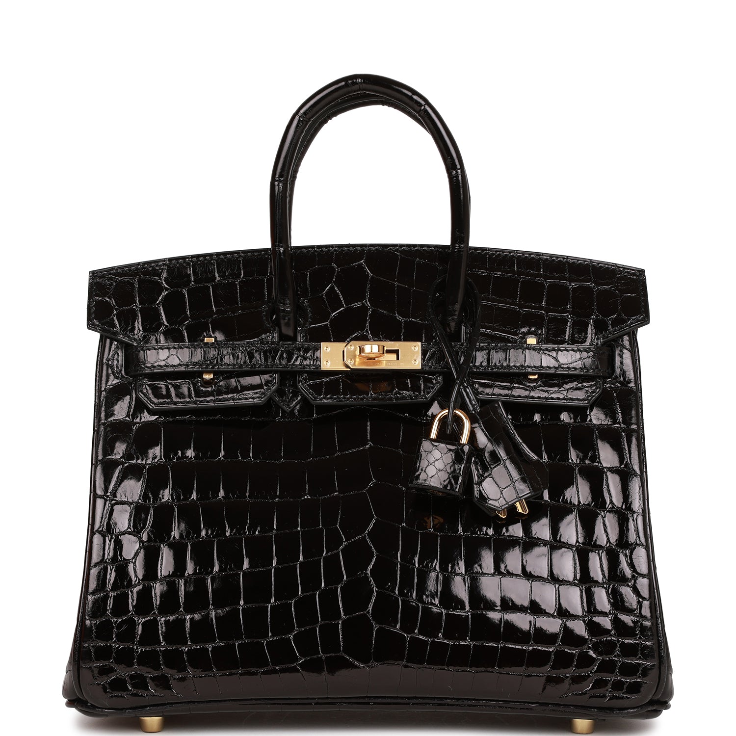HERMES Birkin 25 Black Shiny Niloticus Crocodile Gold Hardware