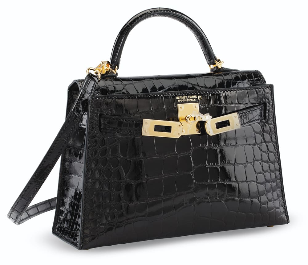HERMES A SHINY BLACK ALLIGATOR SELLIER MINI KELLY 20 II WITH GOLD HARDWARE