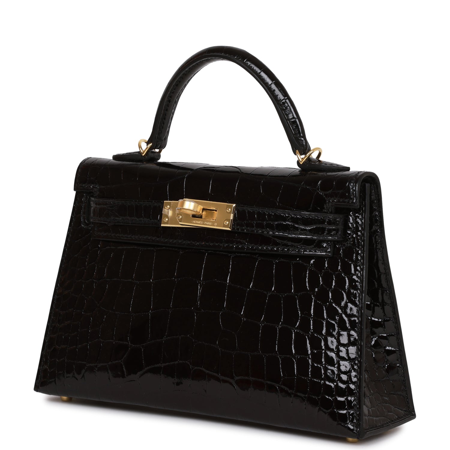 HERMES Kelly Sellier 20 Black Shiny Alligator Gold Hardware