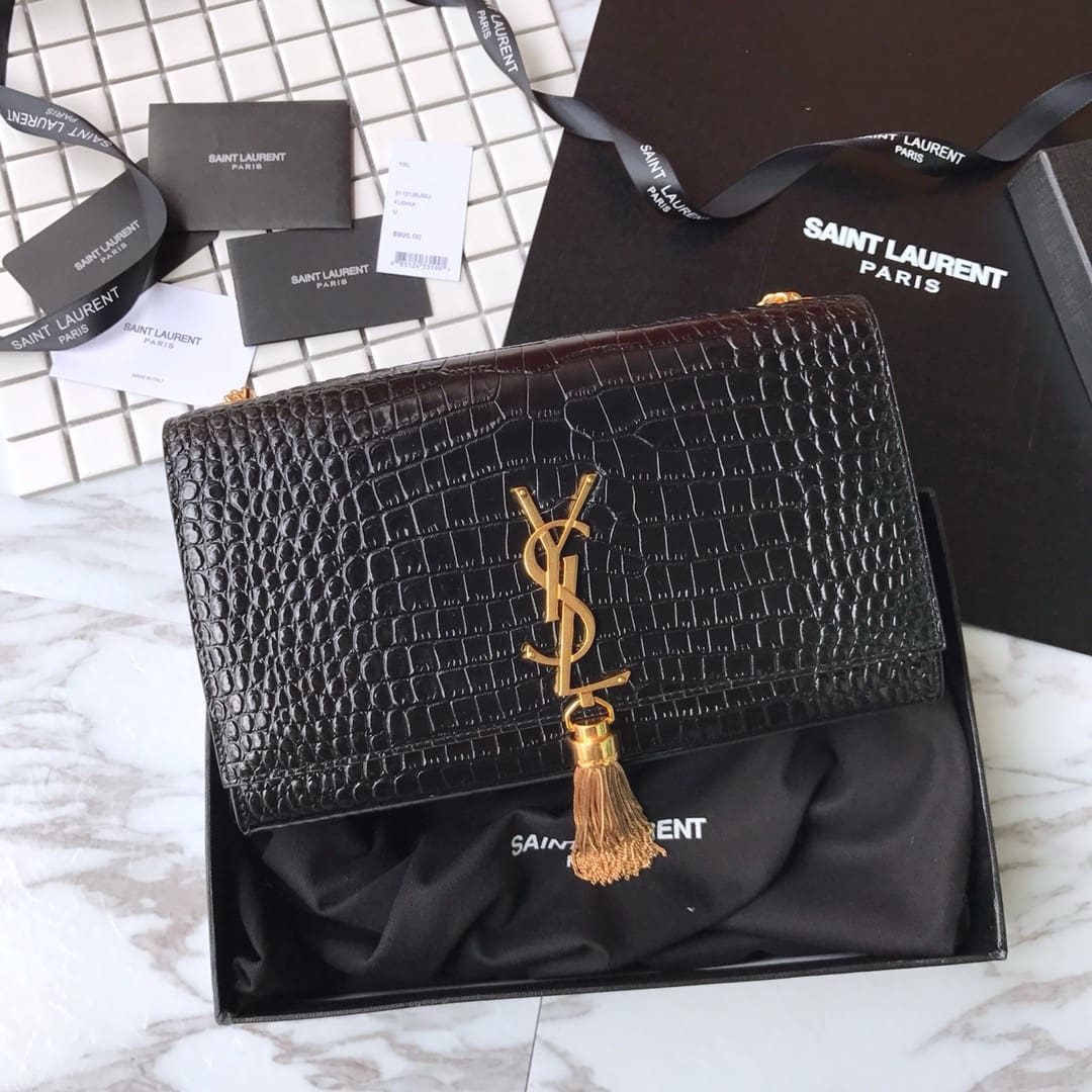 Saint Laurent Medium Kate Tassel Chain Bag In Black Crocodile Em