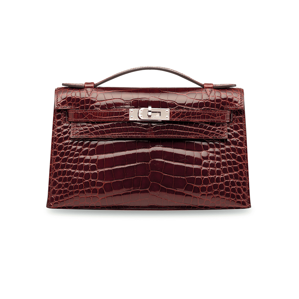 HERMES mini kelly Bordeaux Red Shiny Crocodile Leather Palladium Hardware