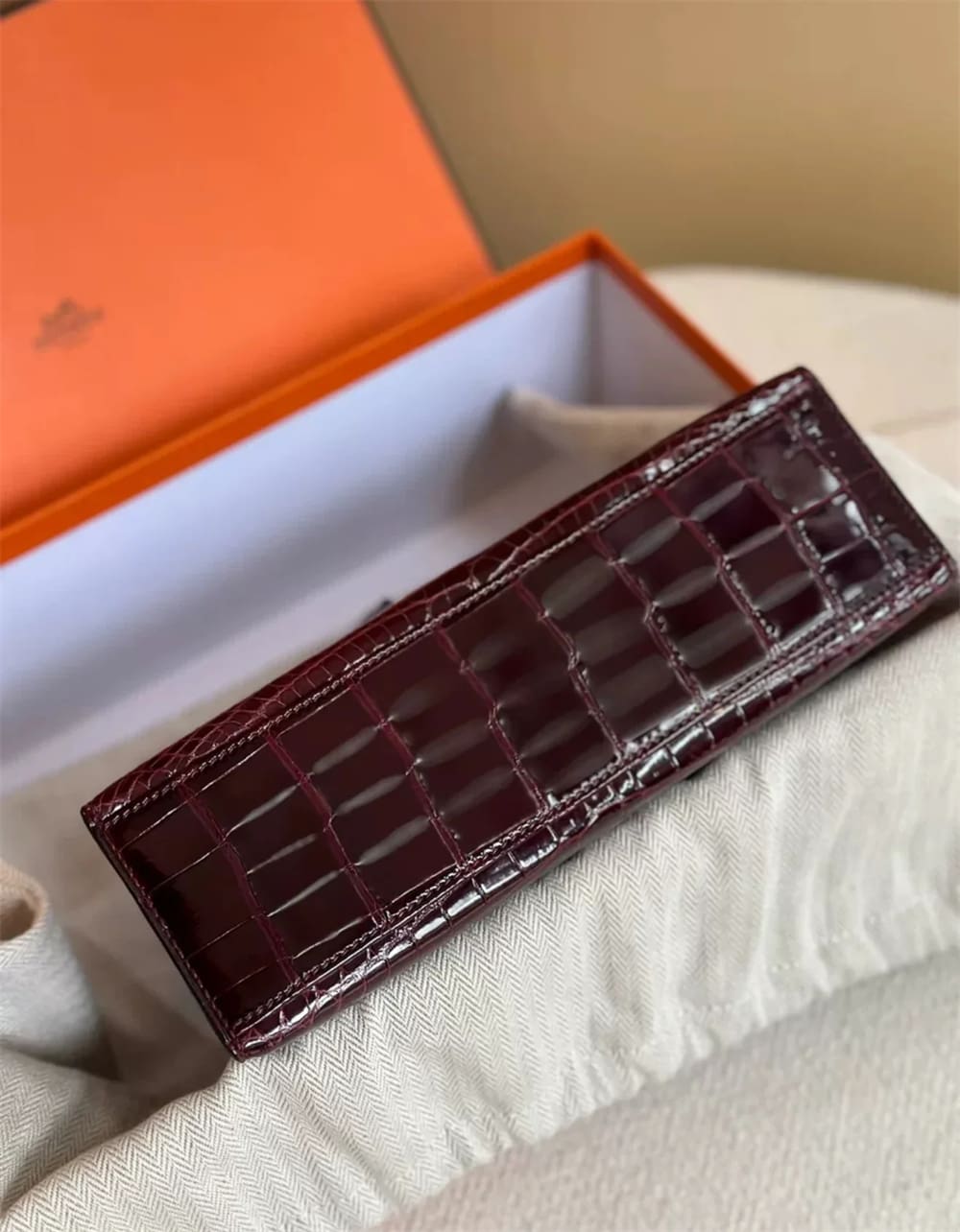 HERMES mini kelly Bordeaux Red Shiny Crocodile Leather Palladium Hardware