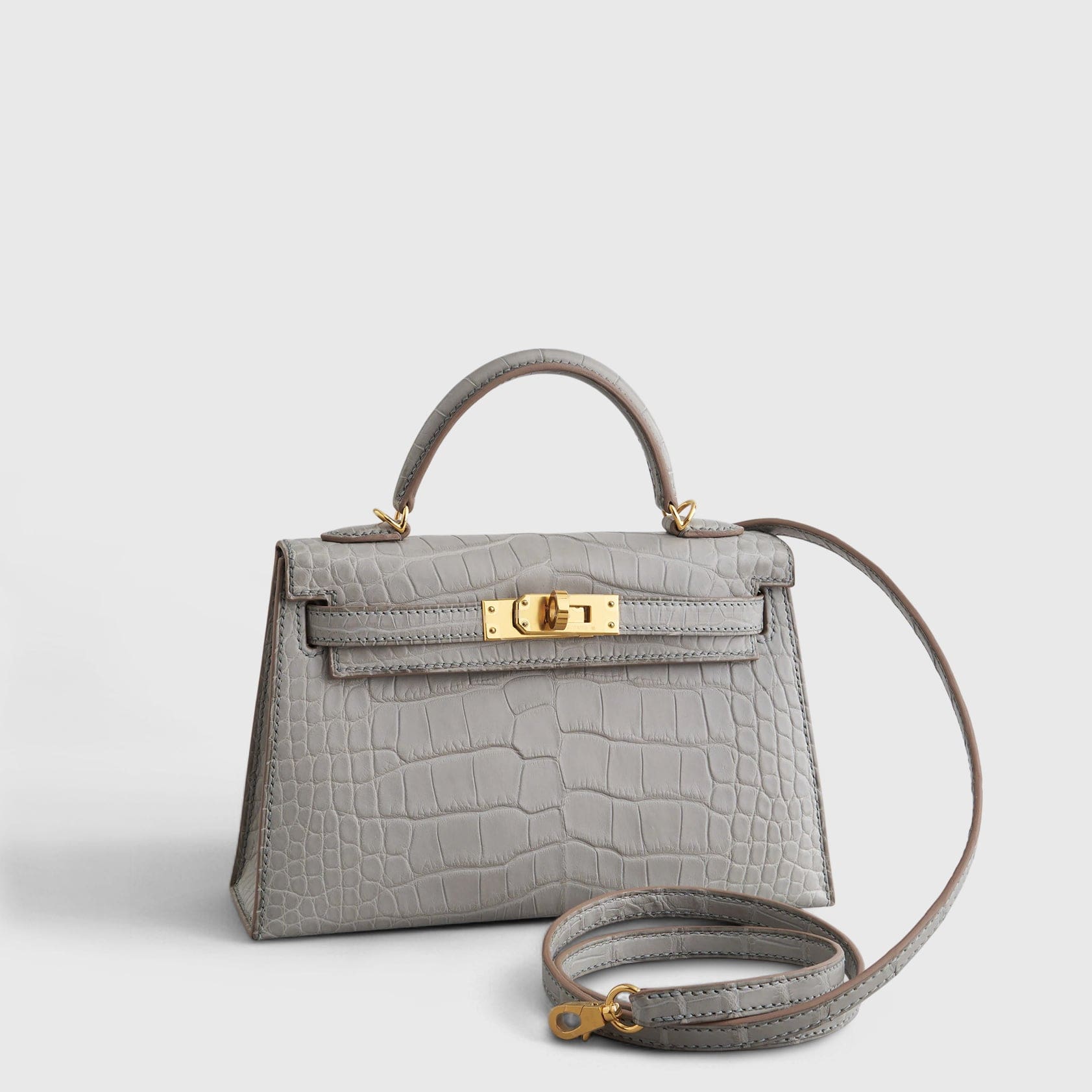HERMES Kelly Mini Alligator Gris Perle Matte Gold Hardware