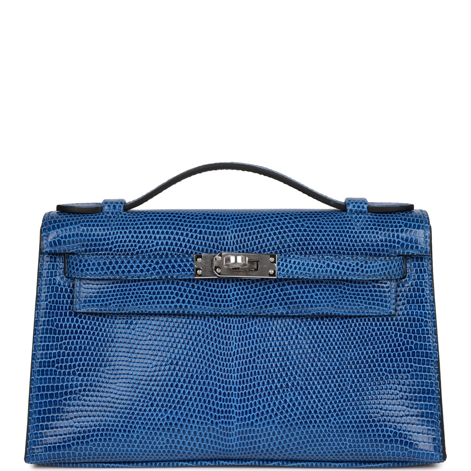 HERMES Kelly Pochette Bleu Saphir Lizard Palladium Hardware