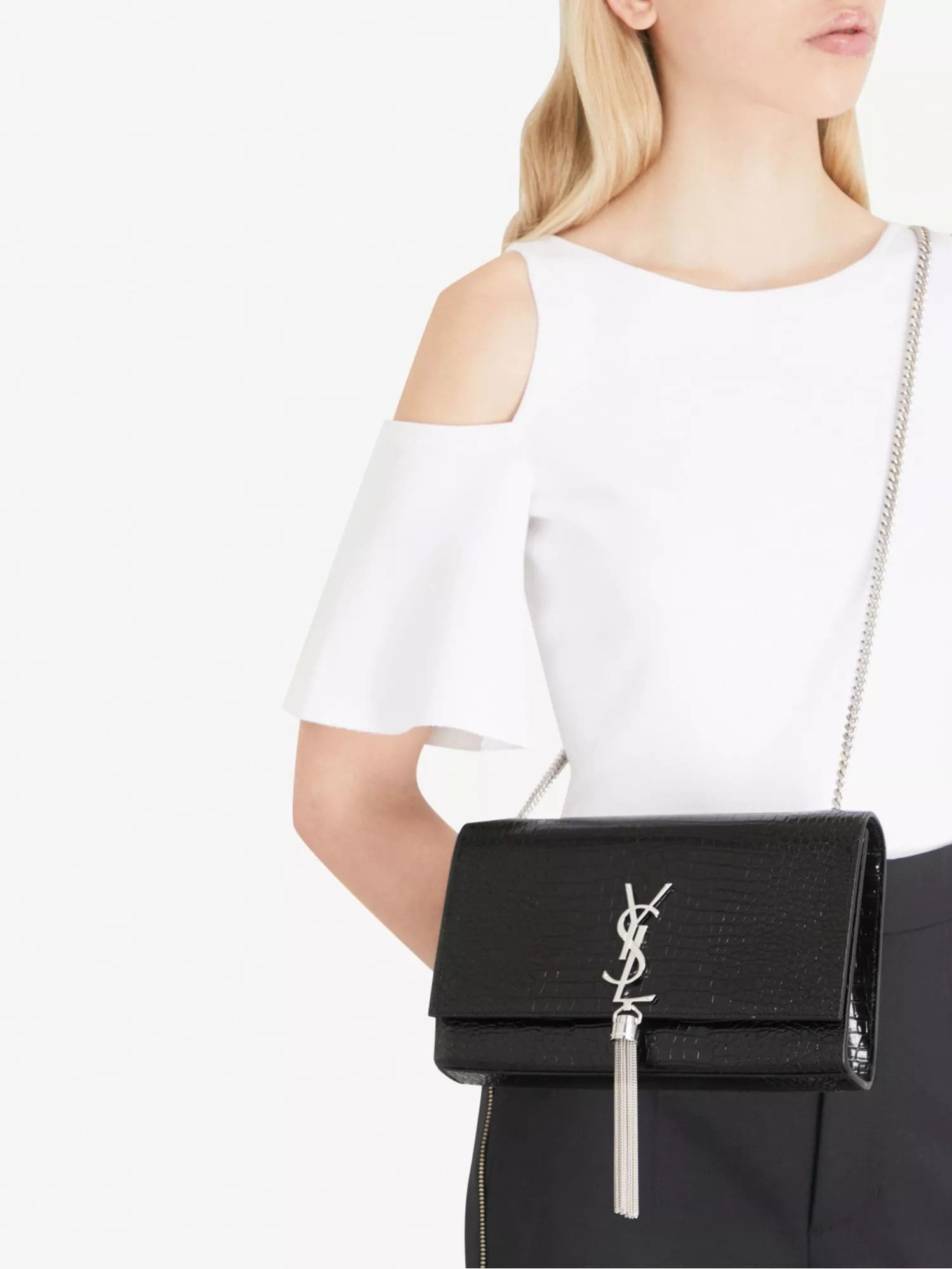 SAINT LAURENT Kate monogram croc-embossed leather shoulder bag