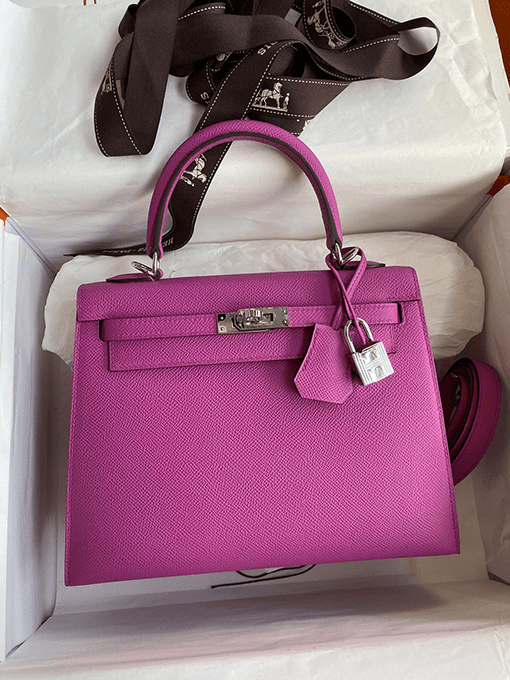 HERMES Kelly Handbag Pink Epsom with Palladium Hardware 25