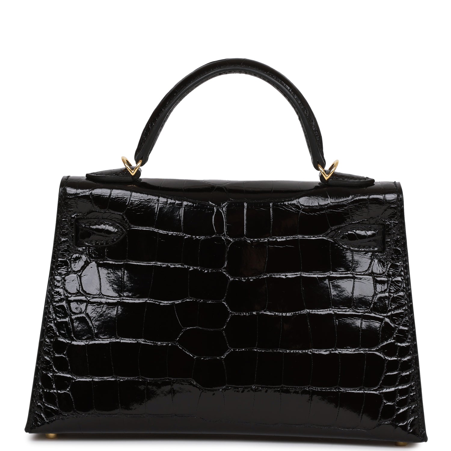 HERMES Kelly Sellier 20 Black Shiny Alligator Gold Hardware