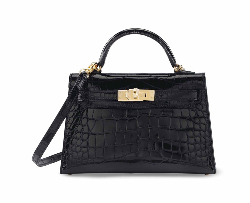HERMES A SHINY BLACK ALLIGATOR SELLIER MINI KELLY 20 II WITH GOLD HARDWARE
