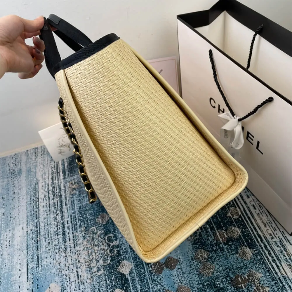 CHANEL Deauville Tote Woven Chain Leather Logo 21S